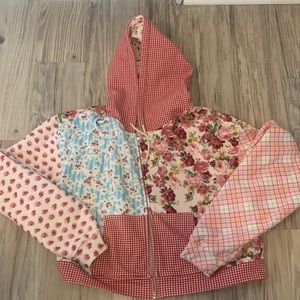 Patchwork Crop Full Zip Hoodie Sweatshirt
